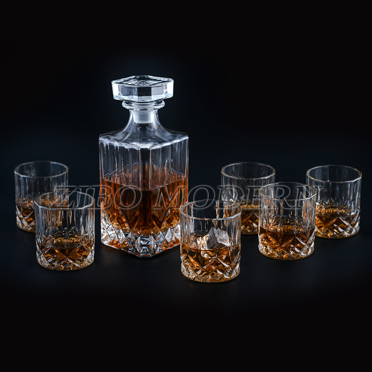 7-Piece Italian Crafted Glass Decanter & Whisky Glasses Set Whiskey Decanter with Ornate Stopper and 6 Cocktail Glasses