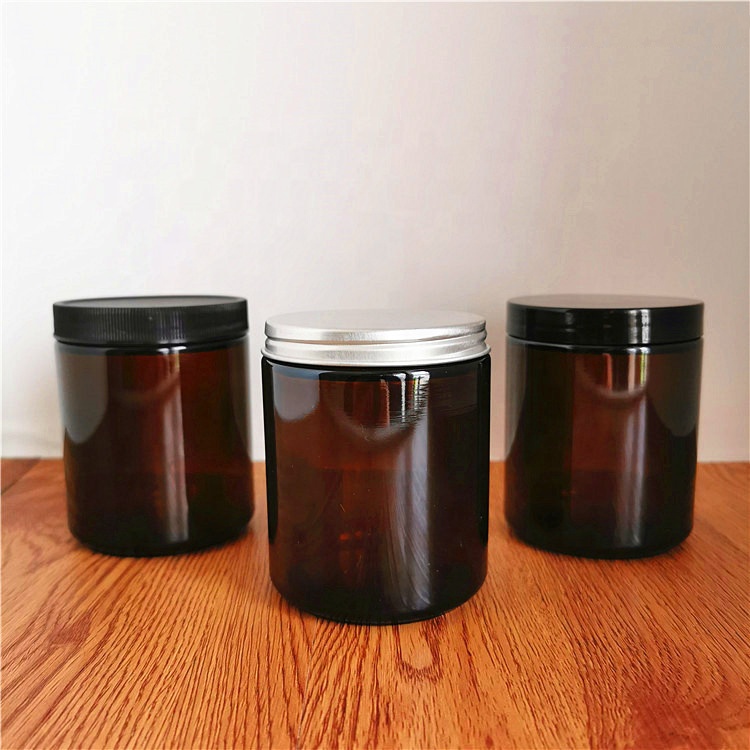 7 oz 200ml Amber Straight Sided Glass Jar with Smooth White Black Lid