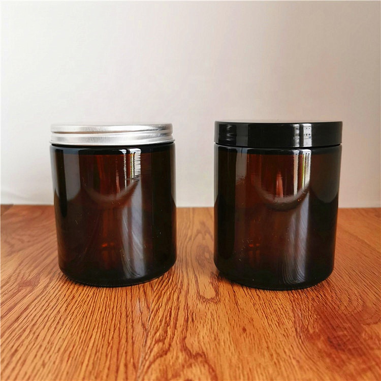 7 oz 200ml Amber Straight Sided Glass Jar with Smooth White Black Lid