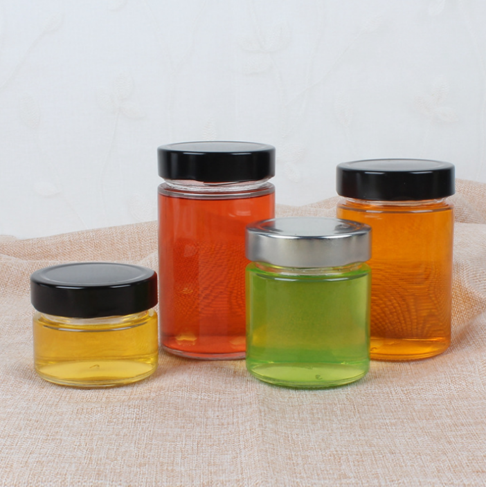 7 oz Clear Ergo 212ml Honey Round Glass Jar Metal Lid Lug Cap Black
