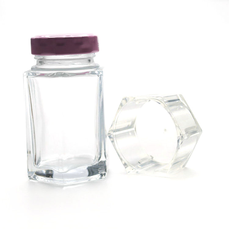70 ml 100gram Antique Mini Hexagon Glass Jars with Pink Plastisol Lined Lids and Six Sides Cap
