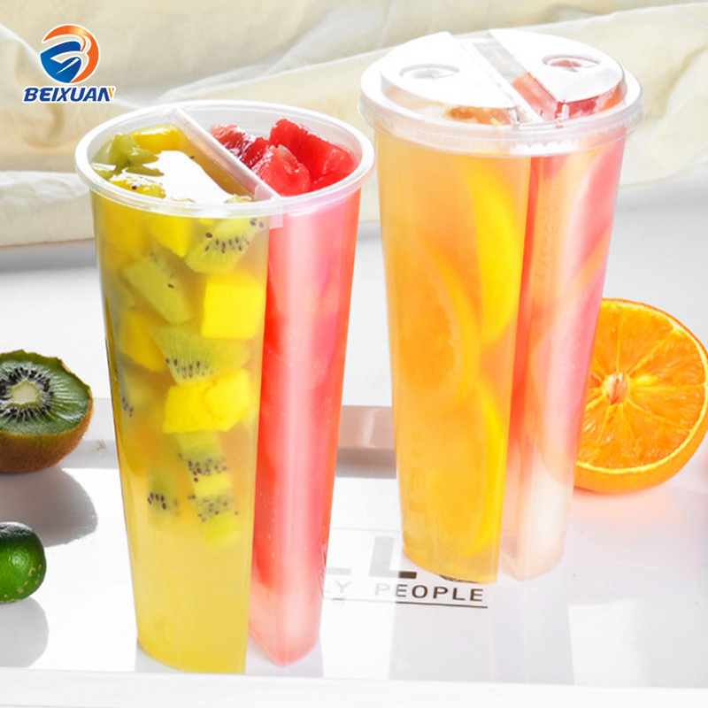 700ml Takeaway Double Shared Cold Boba Tea Twin pp plastic Cup for Pearl milk tea