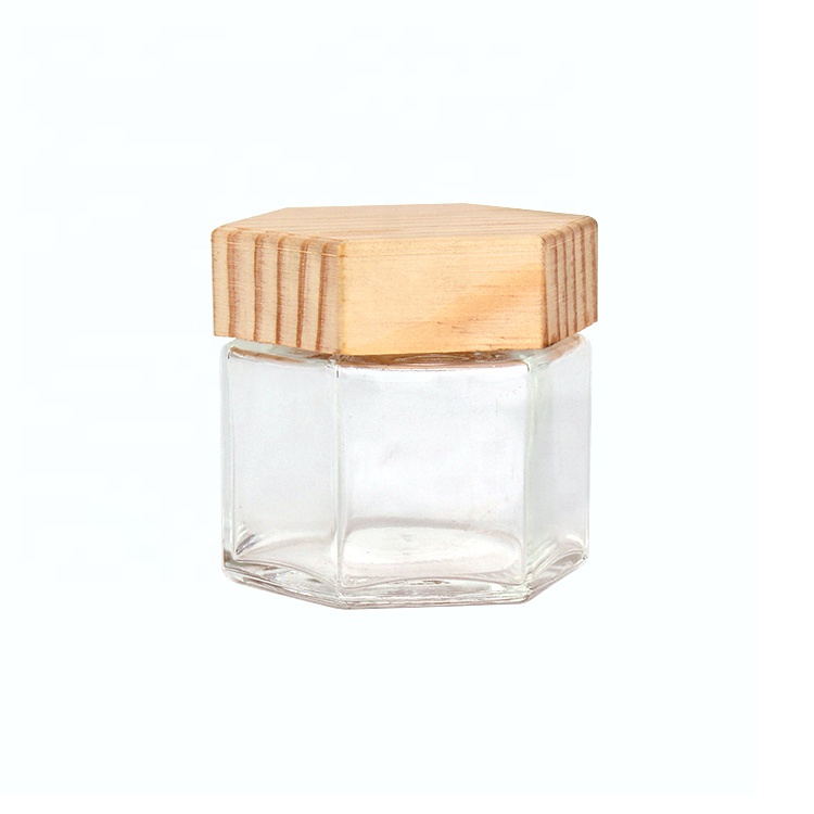 70ml 2oz hexagon shaped honey glass jar with pine wood lid