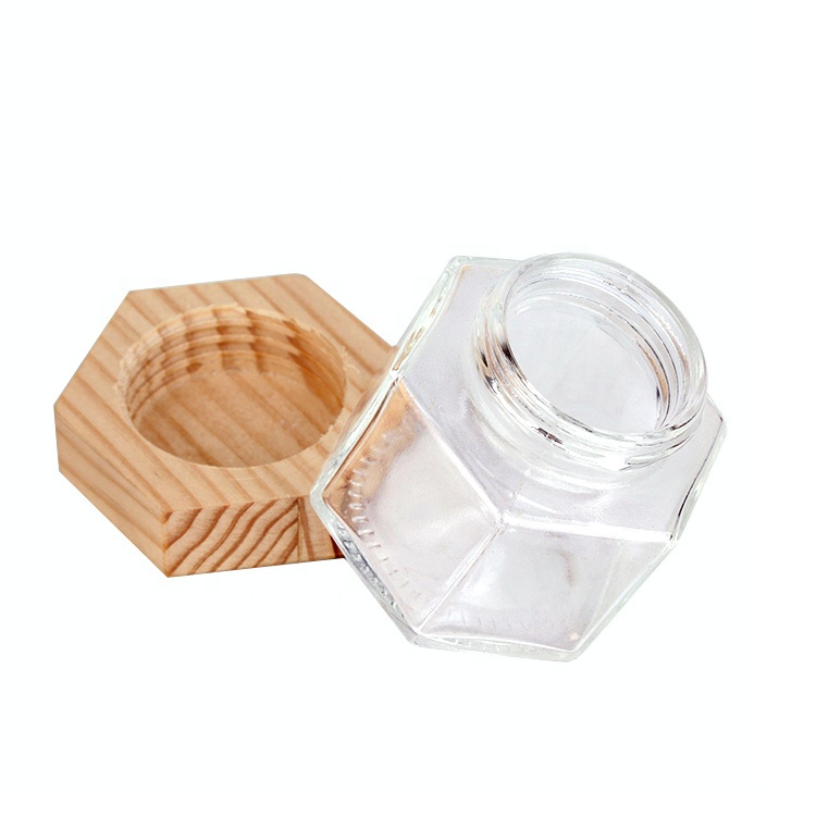 70ml 2oz hexagon shaped honey glass jar with pine wood lid