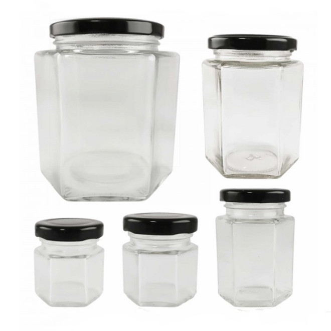 730ml 1kg big empty hexagon shape glass honey jar with metal lid