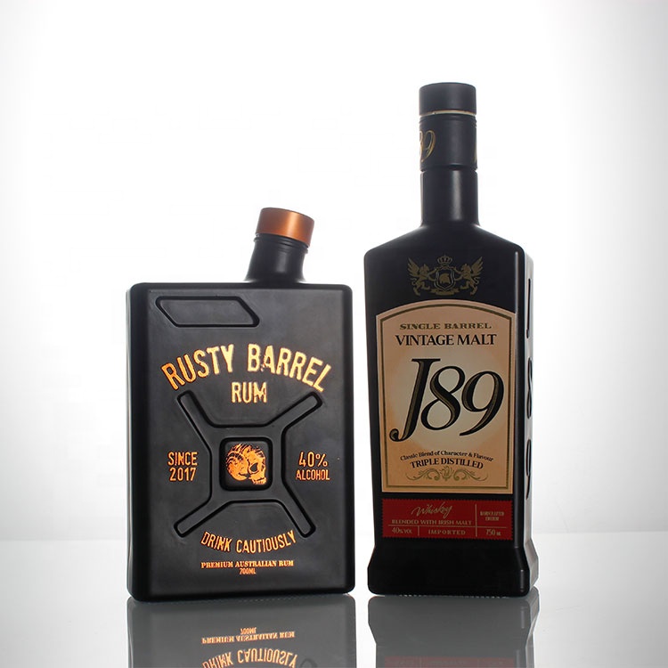750ml 700ml bespoke silk screen decal printing spraying embossing logo black vodka gin rum whiskey whisky glass bottle