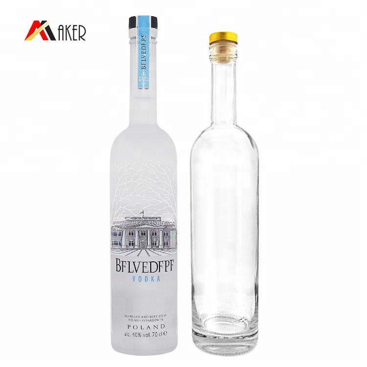 750ml empty round shape wine bottle custom luxury frosted clear glass vodka bottle manufacturers with cork