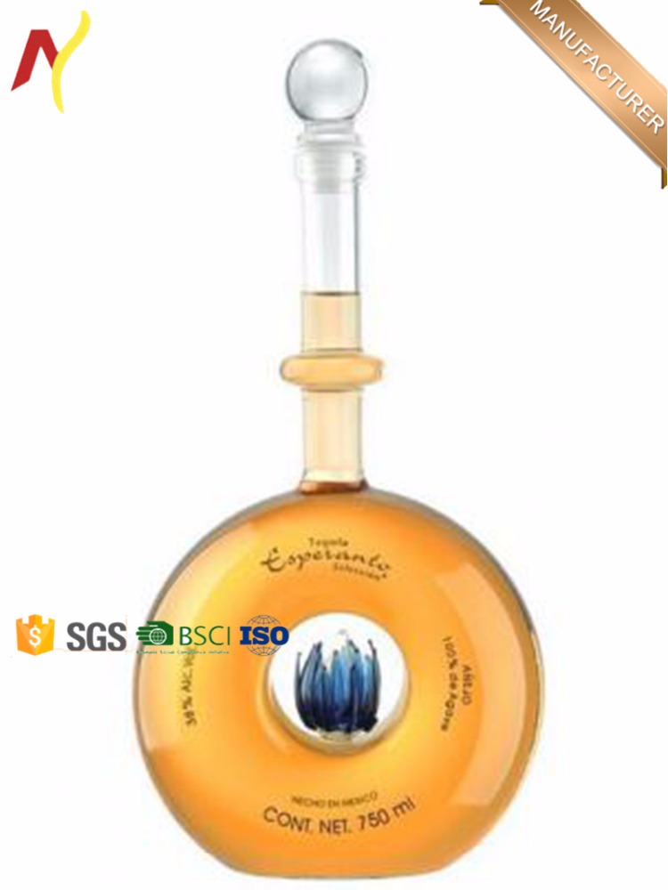 750ml glass round tequila bottle for whisky and brandy