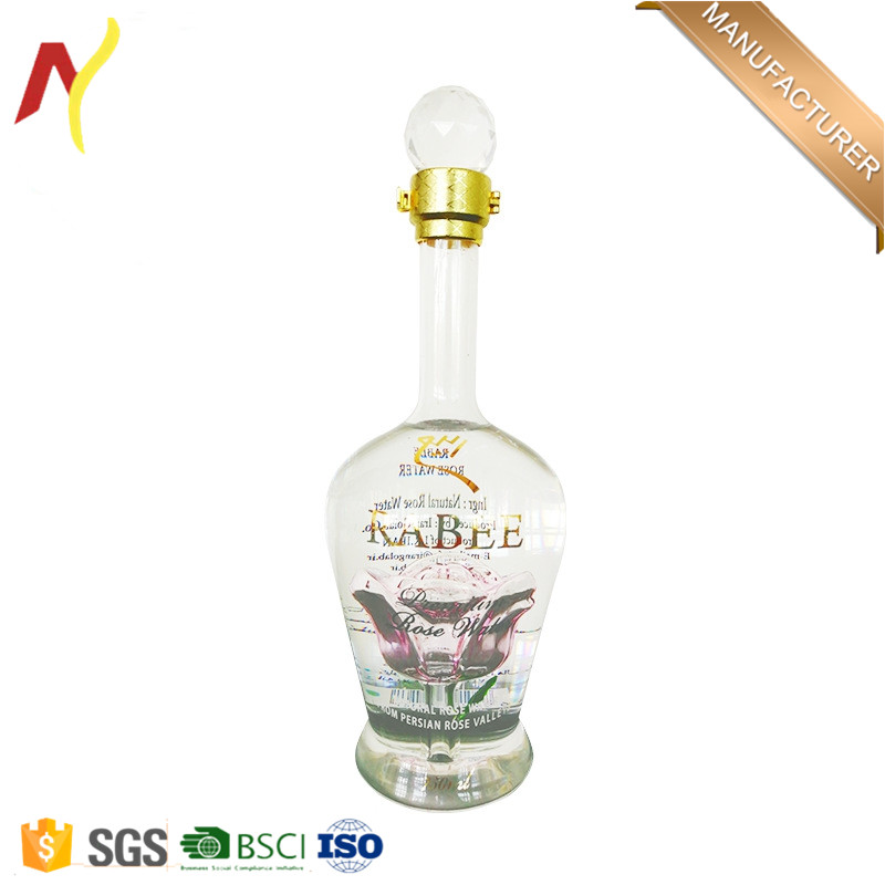 750ml hand-blown borosilicate clear empty glass liquor bottle with rose inside for brandy vodka and tequila