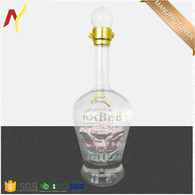 750ml hand-blown borosilicate clear empty glass liquor bottle with rose inside for brandy vodka and tequila
