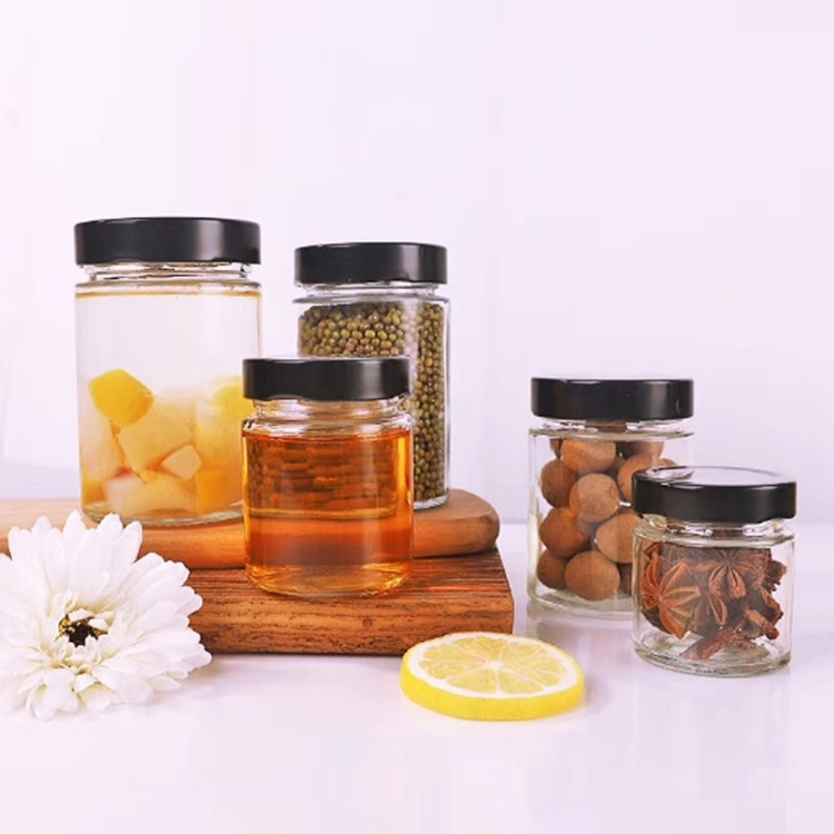 750ml round clear fruit jam grain chili sauce  with high black lid customize the color of the sauce glass Jjars