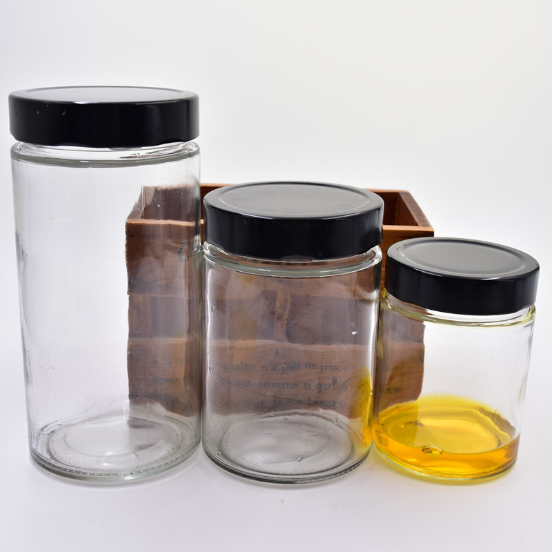 750ml round clear fruit jam grain chili sauce with high black lid customize the color of the sauce glass Jjars