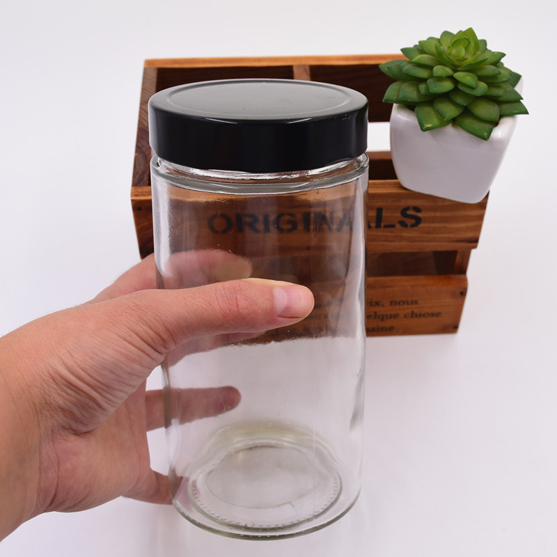 750ml round clear fruit jam grain chili sauce with high black lid customize the color of the sauce glass Jjars