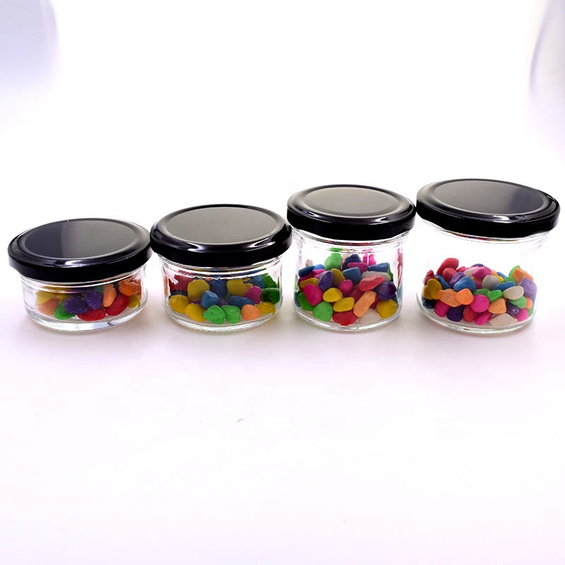 75ml 100ml 110ml 150ml Wide Mouth clear Glass Storage pudding Jar for kitchen use containers with Black red metal Safety Cap