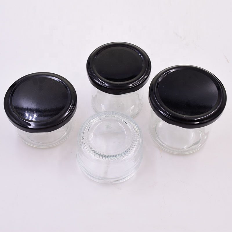 75ml 100ml 110ml 150ml Wide Mouth clear Glass Storage pudding Jar for kitchen use containers with Black red metal Safety Cap