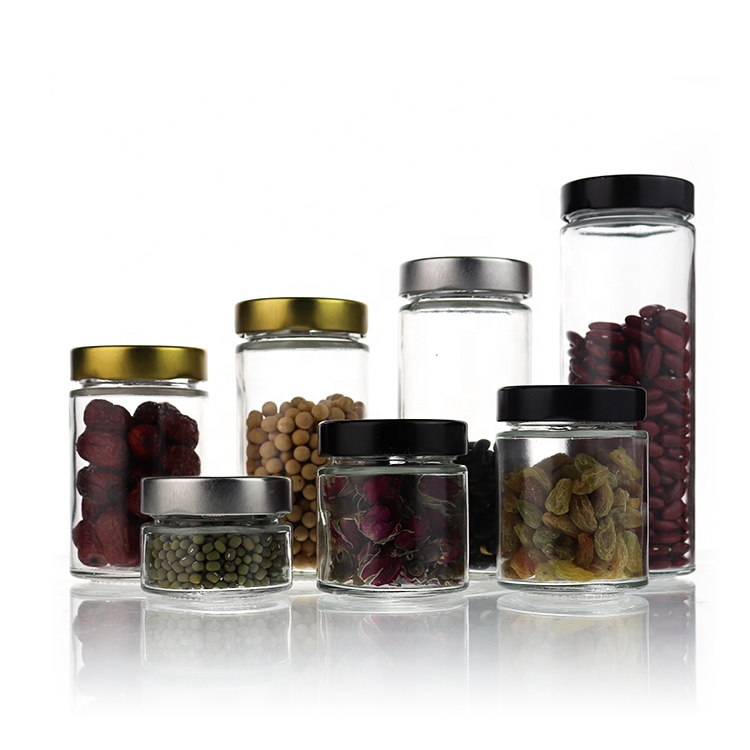 75ml 100ml 150ml 200ml 250ml 300ml 380ml Empty Glass Kitchen Food Storage Honey Jam Jars With Black Gold Sliver Lid