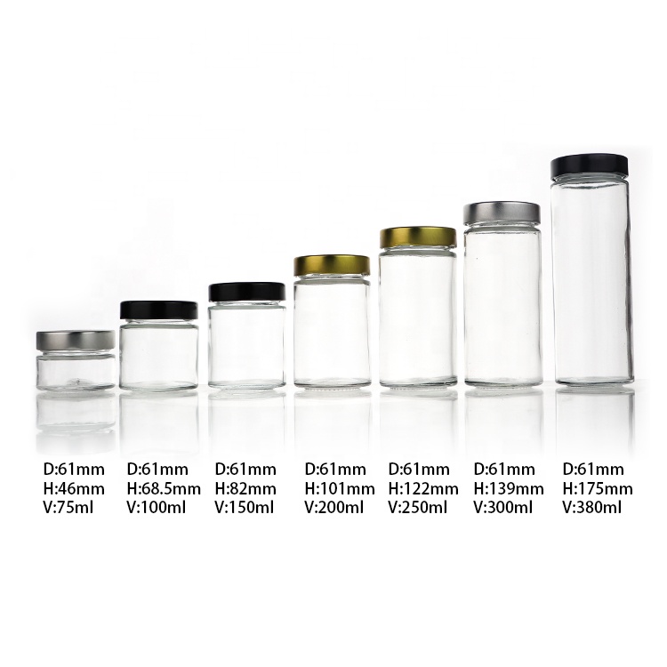 75ml 100ml 150ml 200ml 250ml 300ml 380ml Empty Glass Kitchen Food Storage Honey Jam Jars With Black Gold Sliver Lid