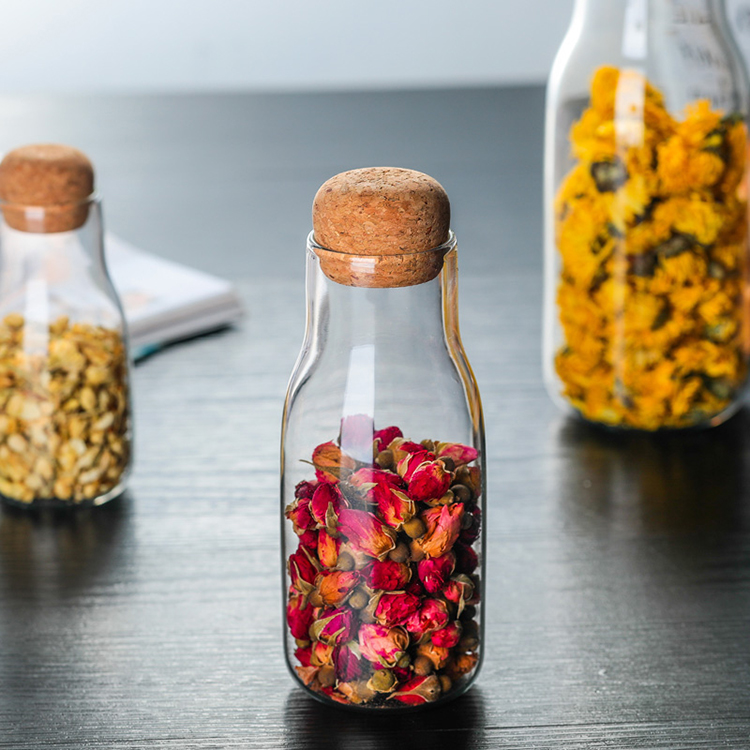 7oz 10oz 20oz borosilicate clear glass jar milk bottle storage jar with cork lid