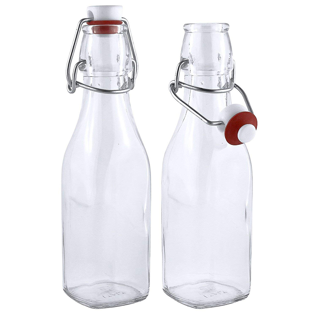 8.4oz 250ml Clear Swing Top Square Glass Bottles - 6-Piece Flip Top Leak Proof Water Bottles with Cleaning Brush