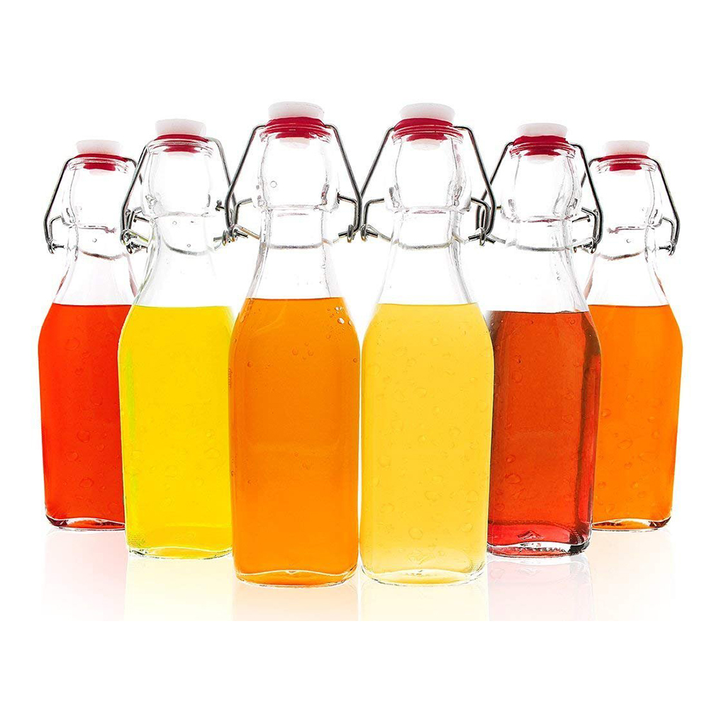 8.4oz 250ml Clear Swing Top Square Glass Bottles - 6-Piece Flip Top Leak Proof Water Bottles with Cleaning Brush