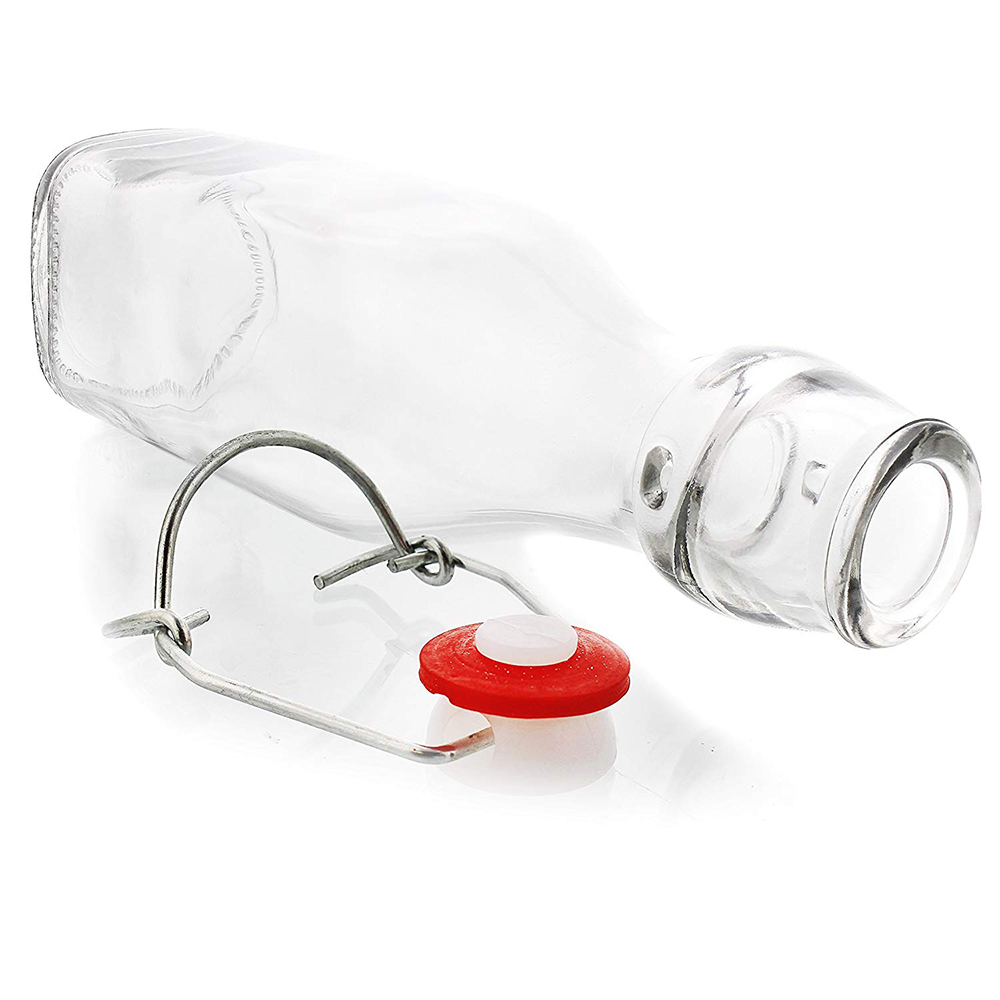 8.4oz 250ml Clear Swing Top Square Glass Bottles - 6-Piece Flip Top Leak Proof Water Bottles with Cleaning Brush