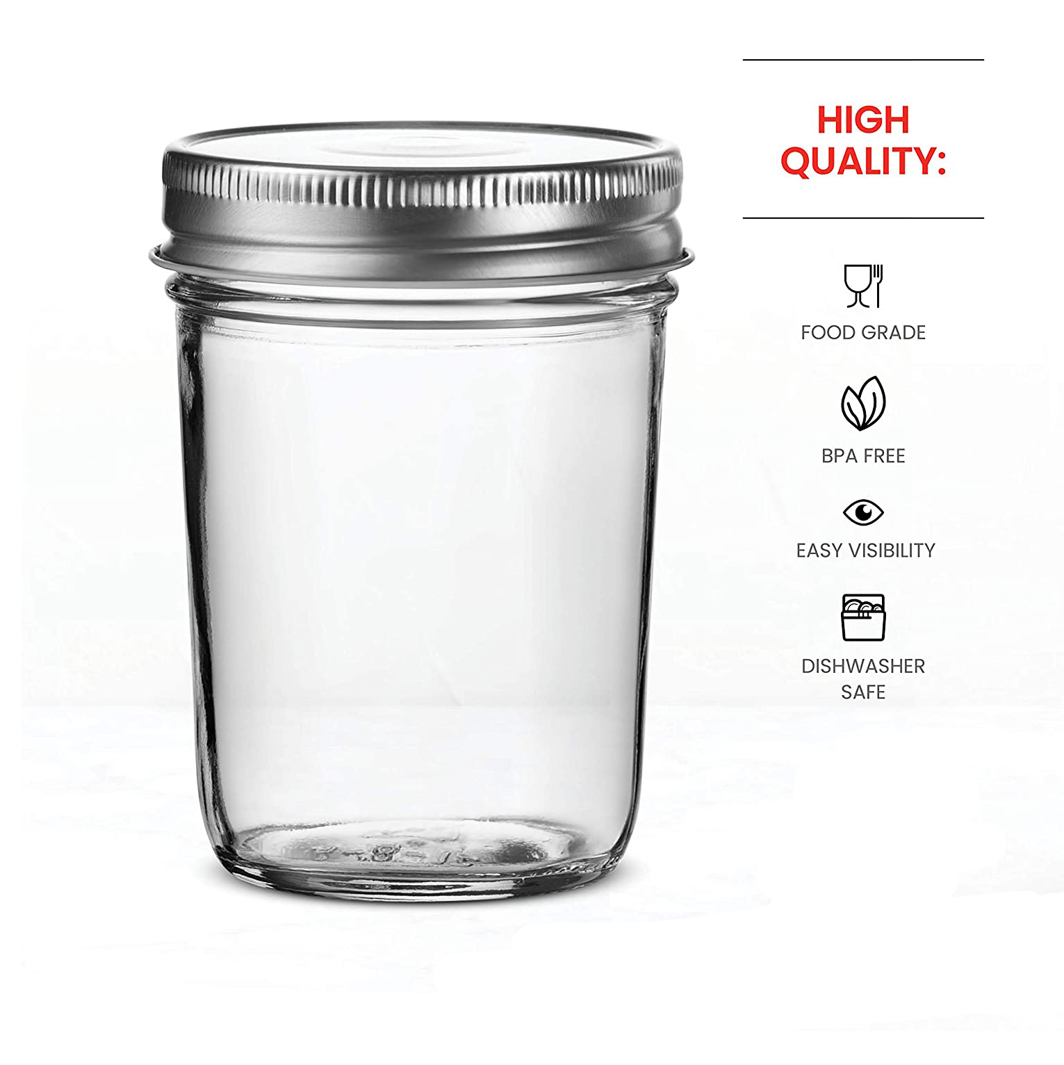 8 Ounce Glass Regular Mouth Mason Jars with Silver Metal Airtight Lids for Food Storage