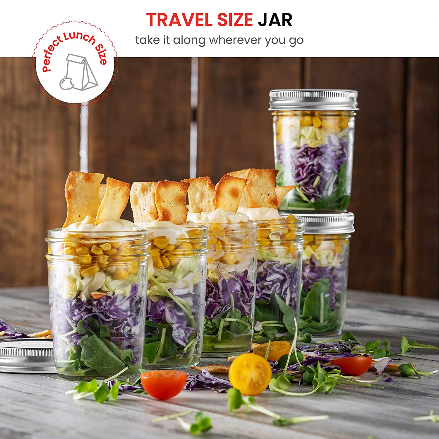 8 Ounce Glass Regular Mouth Mason Jars with Silver Metal Airtight Lids for Food Storage