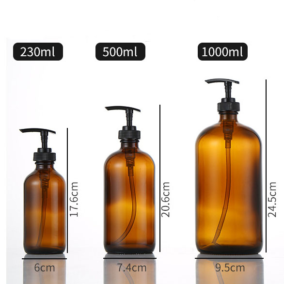 8 Oz Large 250ml Liquid Soap Dispensers with Plastic Pump for essential oils homemade lotions round amber glass bottles
