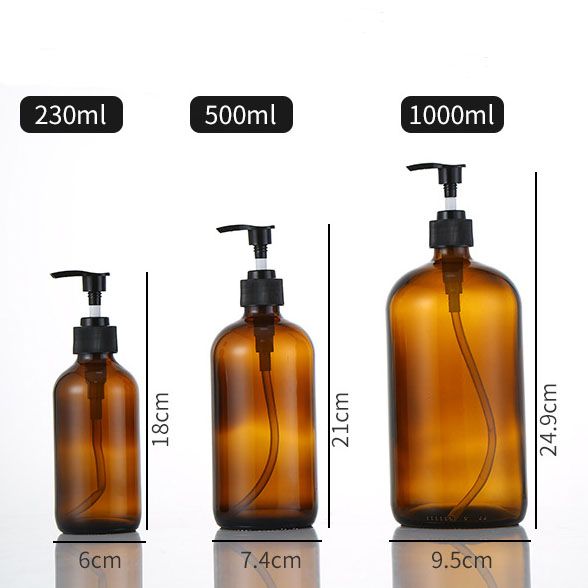8 Oz Large 250ml Liquid Soap Dispensers with Plastic Pump for essential oils homemade lotions round amber glass bottles