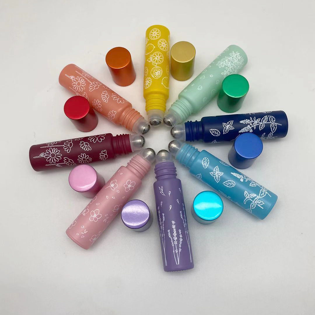8 colours in stock 10ml roll on glass bottle with printing flowers for essential oil