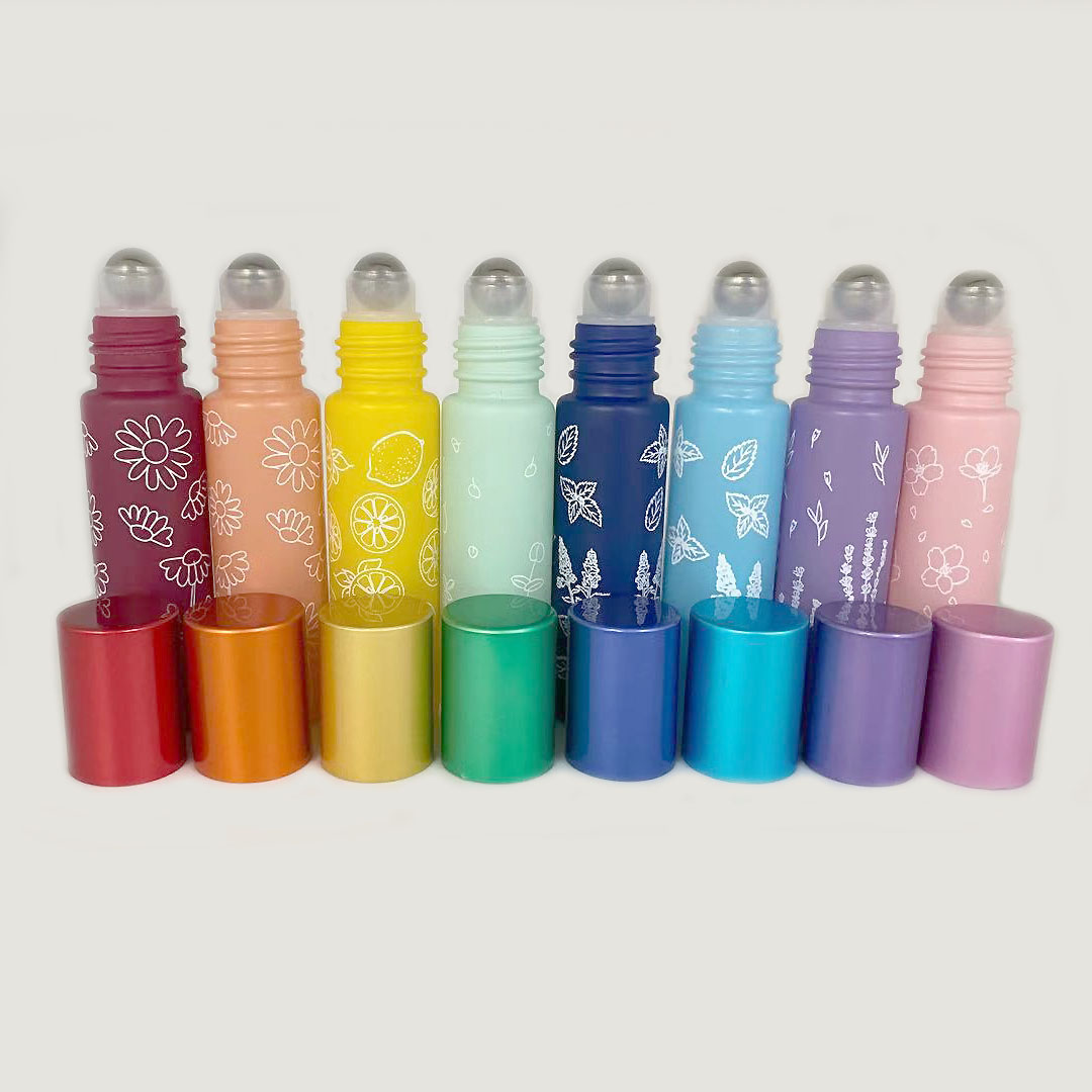 8 colours in stock 10ml roll on glass bottle with printing flowers for essential oil