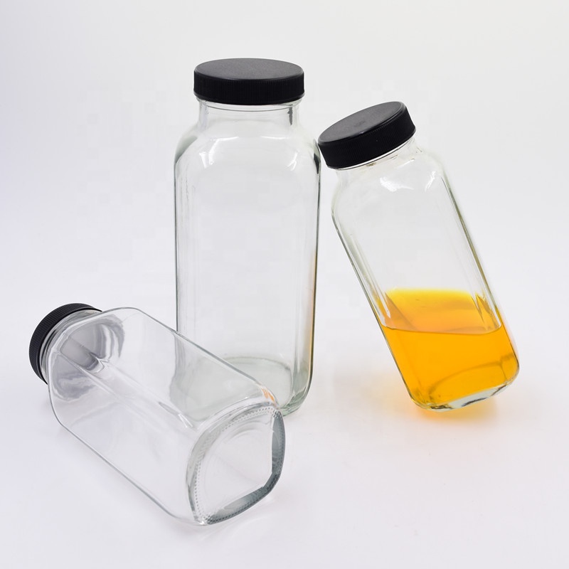 8 oz 12 oz 16 oz 250ml 350ml 500ml clear french square beverage glass bottle cold pressed juice bottles with airtight screw cap