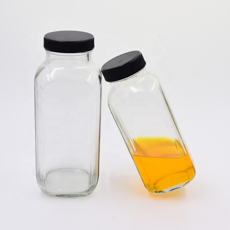 8 oz 12 oz 16 oz 250ml 350ml 500ml clear french square beverage glass bottle cold pressed juice bottles with airtight screw cap