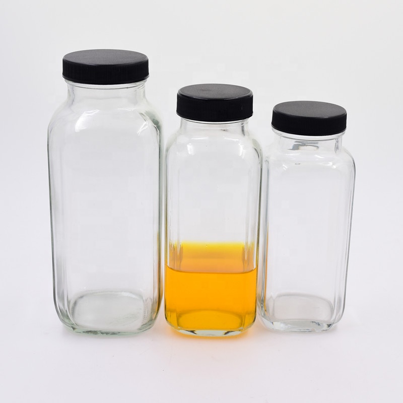 8 oz 12 oz 16 oz 250ml 350ml 500ml clear french square beverage glass bottle cold pressed juice bottles with airtight screw cap