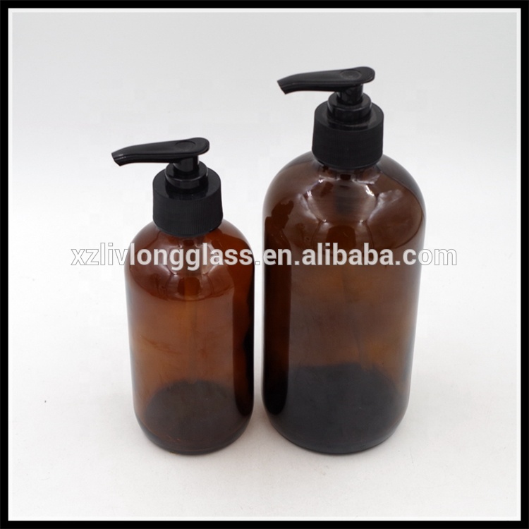 8 oz 16 oz Amber Shampoo Shower Boston Glass Bottle With Pump Sprayer Cap