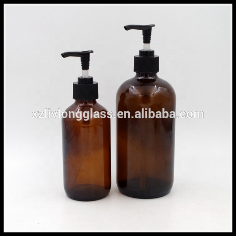 8 oz 16 oz Amber Shampoo Shower Boston Glass Bottle With Pump Sprayer Cap