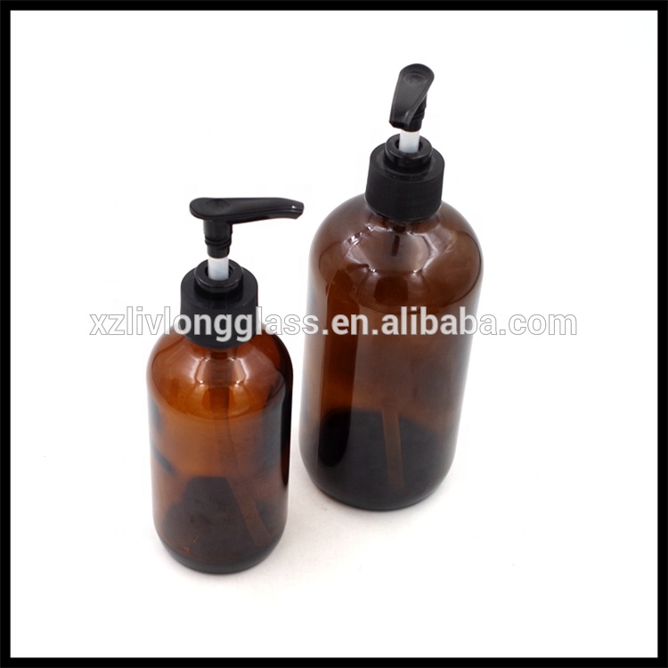 8 oz 16 oz Amber Shampoo Shower Boston Glass Bottle With Pump Sprayer Cap