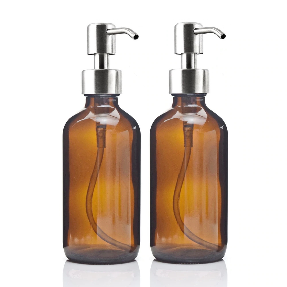 8 oz 250ml  Essential Oils Homemade Lotion Round Amber Glass Bottle with Liquid Soap Dispenser Stainless Steel Pump