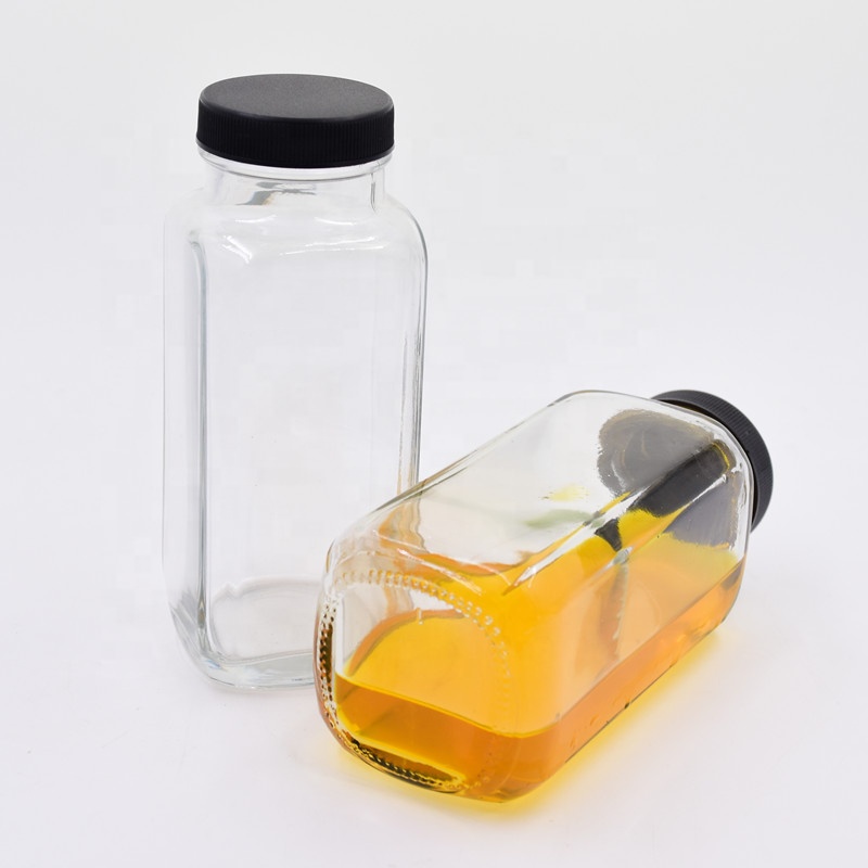 8 oz 250ml clear empty french square beverage glass bottles cold pressed juice milk tea Smoothie packaging with PP screw lid