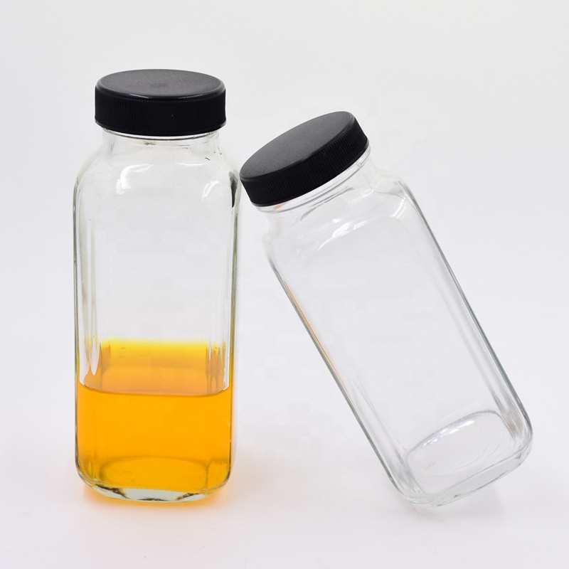 8 oz 250ml clear empty french square beverage glass bottles cold pressed juice milk tea Smoothie packaging with PP screw lid