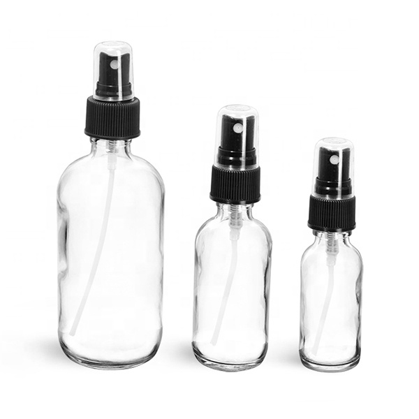 8 oz Glass Bottles, Clear Glass Rounds With Black Fine Mist Sprayers