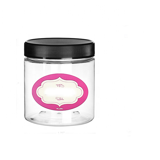 8 oz Printed Clear PET Heavy Wall Plastic Round Shape Jars with Black Lid