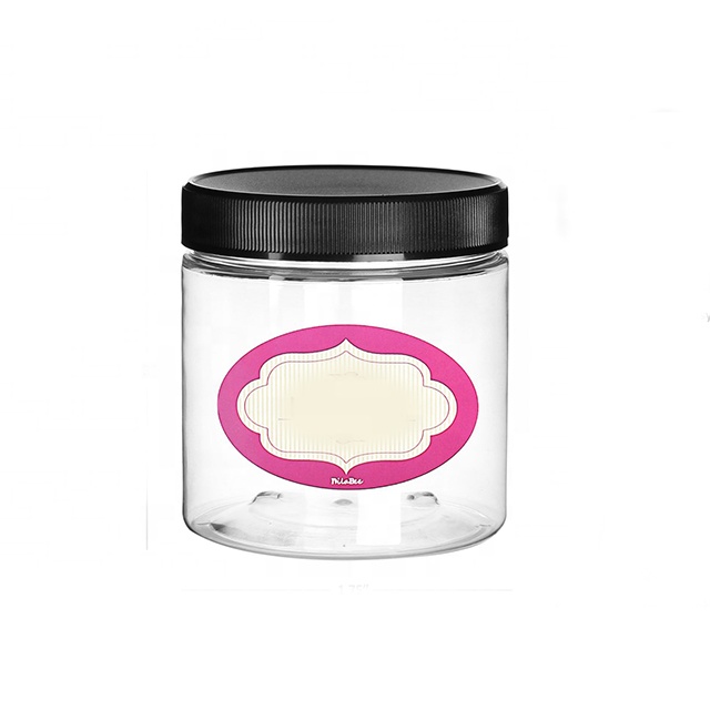 8 oz Printed Clear PET Heavy Wall Plastic Round Shape Jars with Black Lid