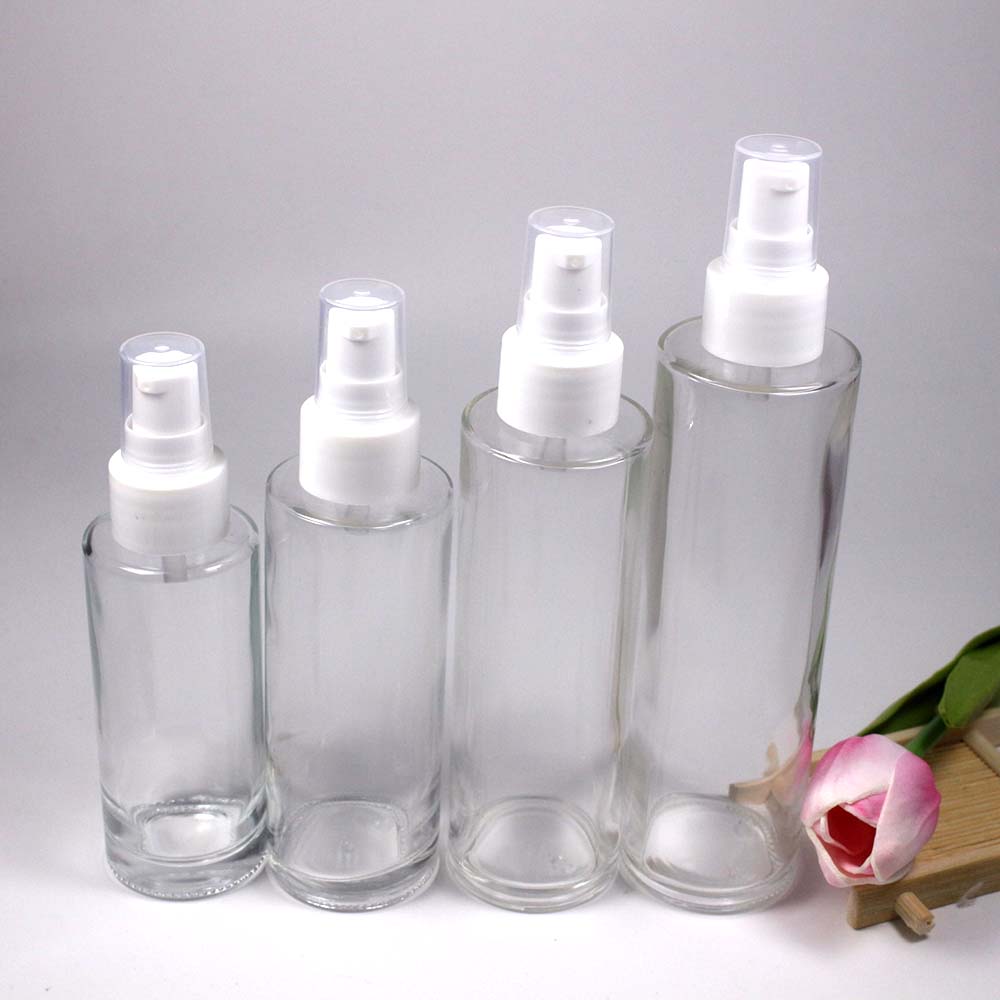 80/100/120/150/ML high  capacity  transparency glass lotion pump bottle with white plastic cap skin care packaging retail
