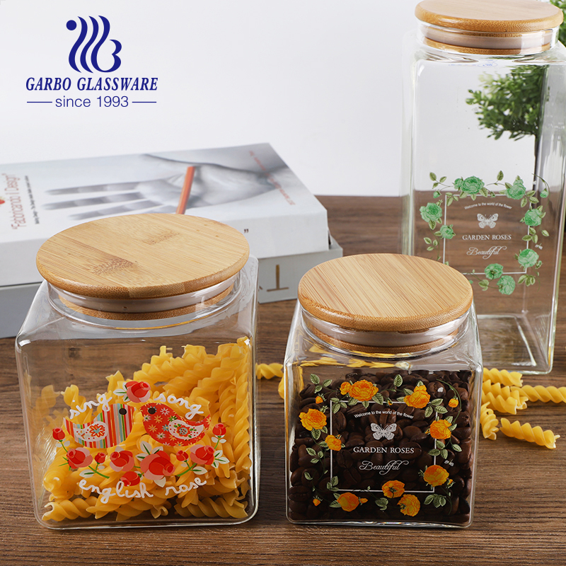 800ml high quality borosilicate glass storage jar with decals square for kitchen storage customized flower decals tableware