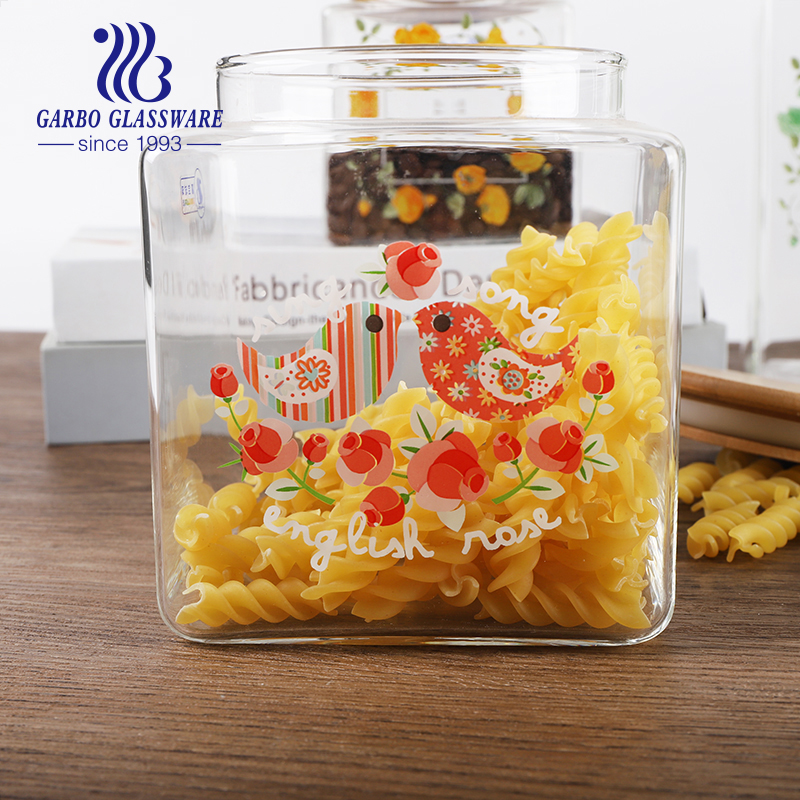 800ml high quality borosilicate glass storage jar with decals square for kitchen storage customized flower decals tableware