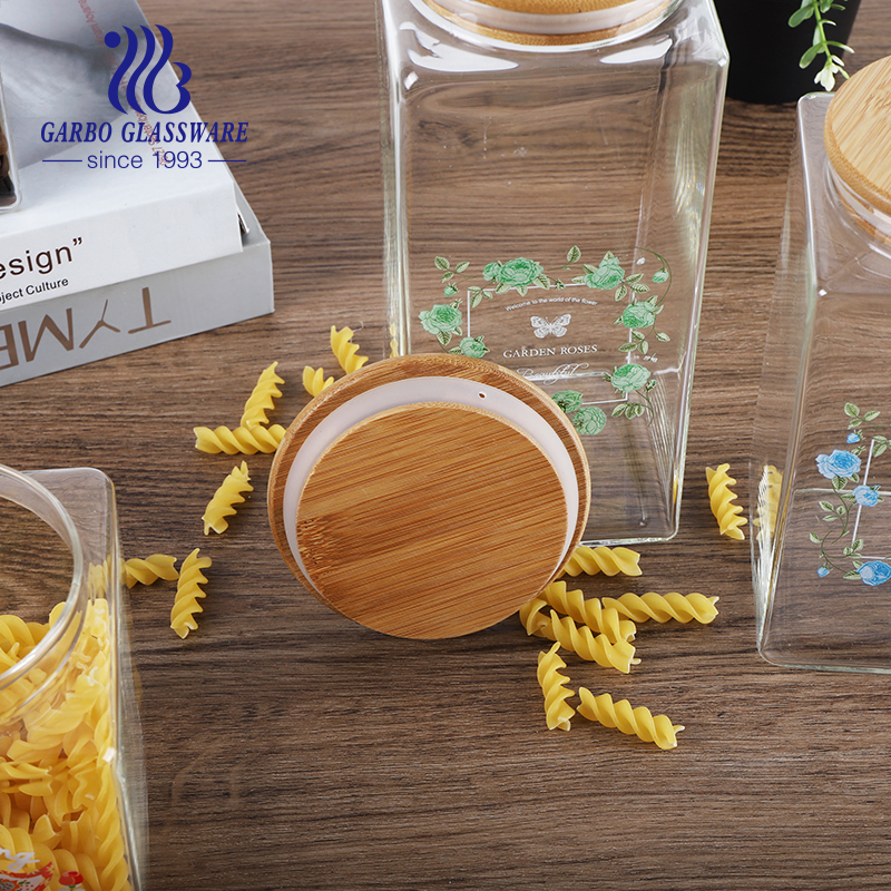 800ml high quality borosilicate glass storage jar with decals square for kitchen storage customized flower decals tableware