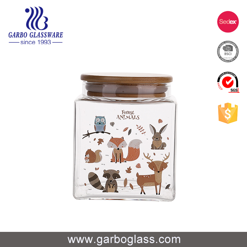 800ml high quality borosilicate glass storage jar with decals square for kitchen storage customized flower decals tableware