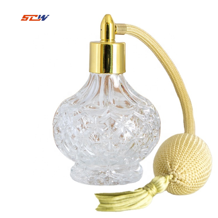 80mL Charming Clear Checked Carved Glass Empty Refillable Perfume Bottle with Spray Atomizer