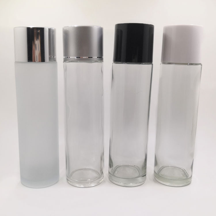 80ml 100ml150ml transparent/frosted straight round toner glass bottle with matte silver/shiny silver/black/white/gold color caps